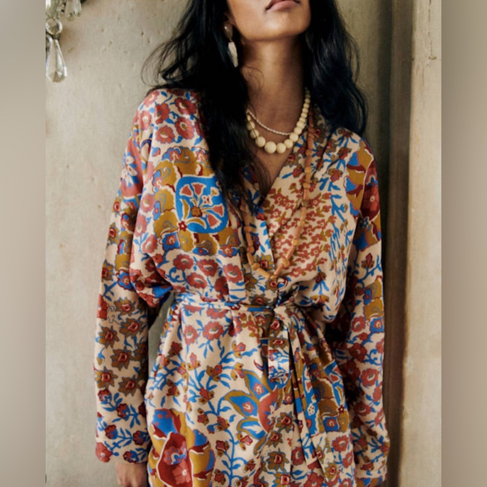 SEZANE Eunice Jacket Floral Viscose Silk 3/4 Sleeve Open